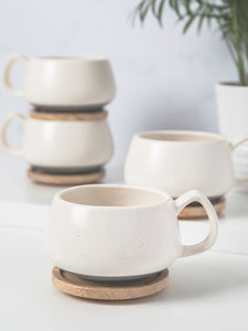 Set Of Four Cream Mugs and Wooden Coasters